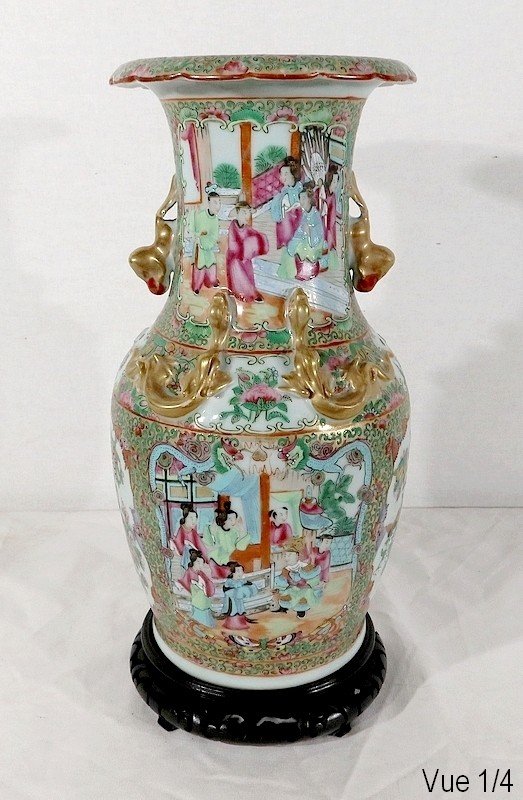  Canton porcelain vase on wooden base, China - 19th century