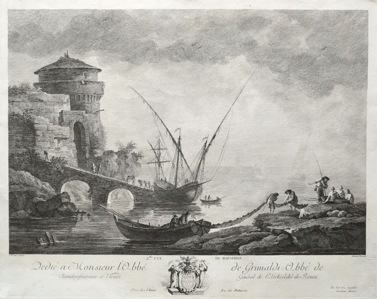 Etching Seascape Marseille By Jacques Aliamet After Vernet Antique 18th C Engraving  Old Print