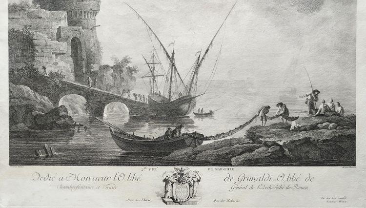 Etching Seascape Marseille By Jacques Aliamet After Vernet Antique 18th C Engraving  Old Print