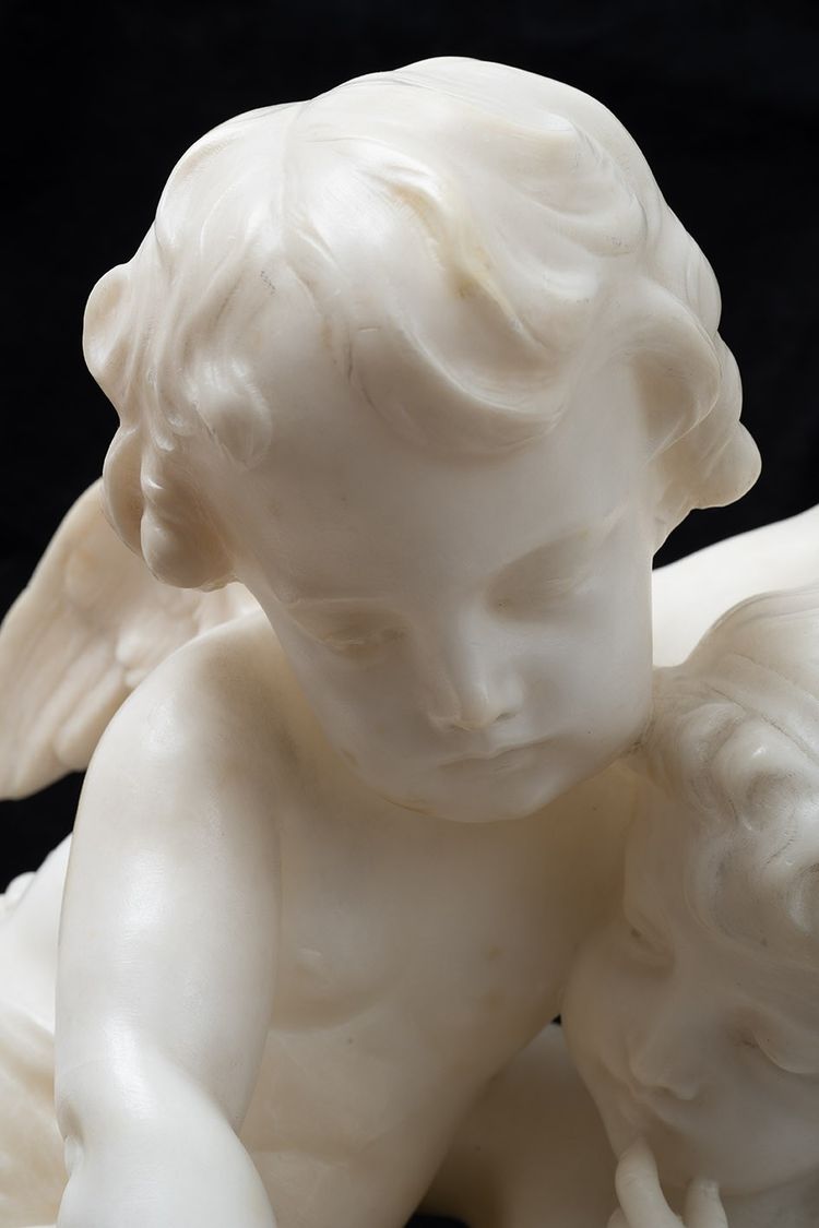 Antique sculptural group in white statuary marble, France, 19th century.