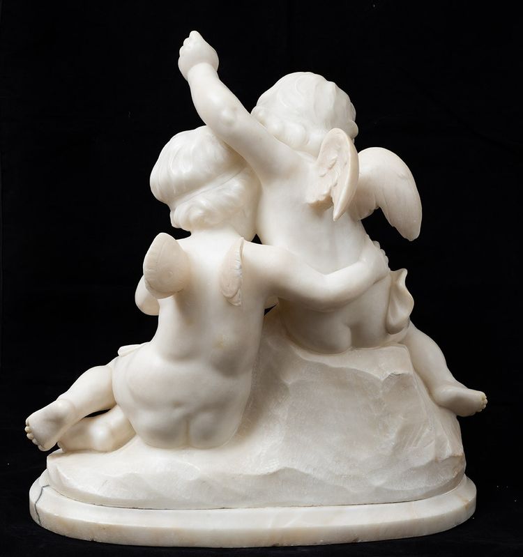 Antique sculptural group in white statuary marble, France, 19th century.