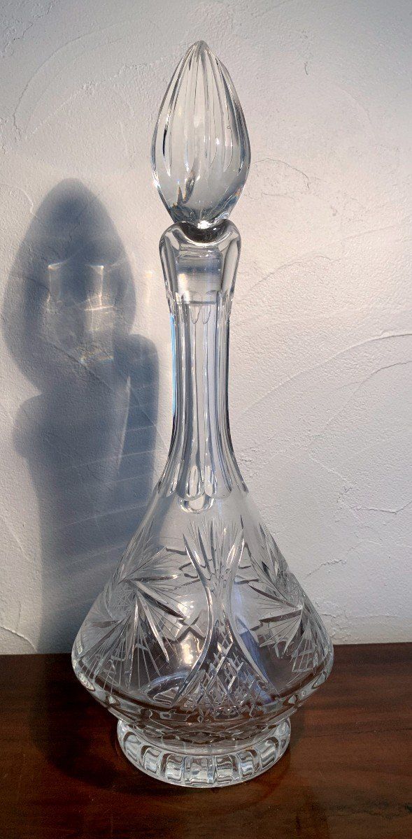 Hand-blown, hand-cut crystal decanter.