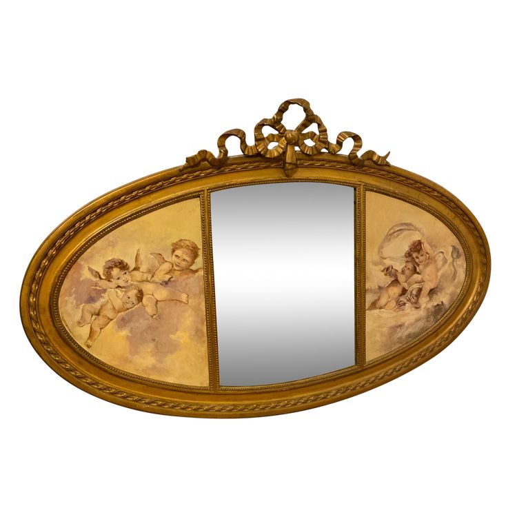 Gilded Oval Bevelled Mirror Surrounded By Two Paintings Of Cherubs 110cm X 70cm