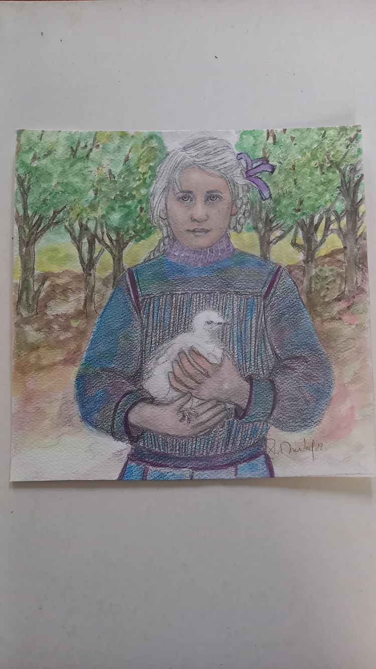 Ritratto di bambina con gallinella d'acqua / acquerello