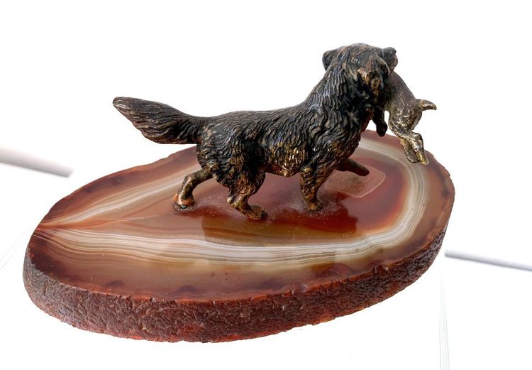 Bronze De Vienne Polychrome Dog Bringing in a Hare on Agate