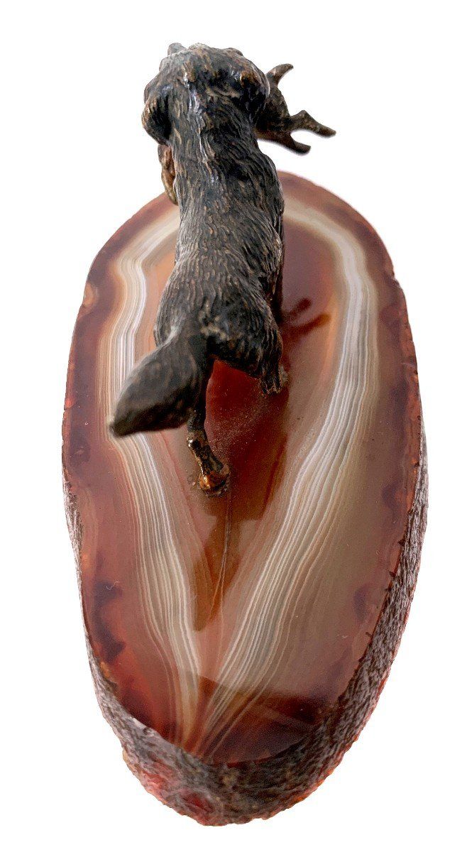 Bronze De Vienne Polychrome Dog Bringing in a Hare on Agate