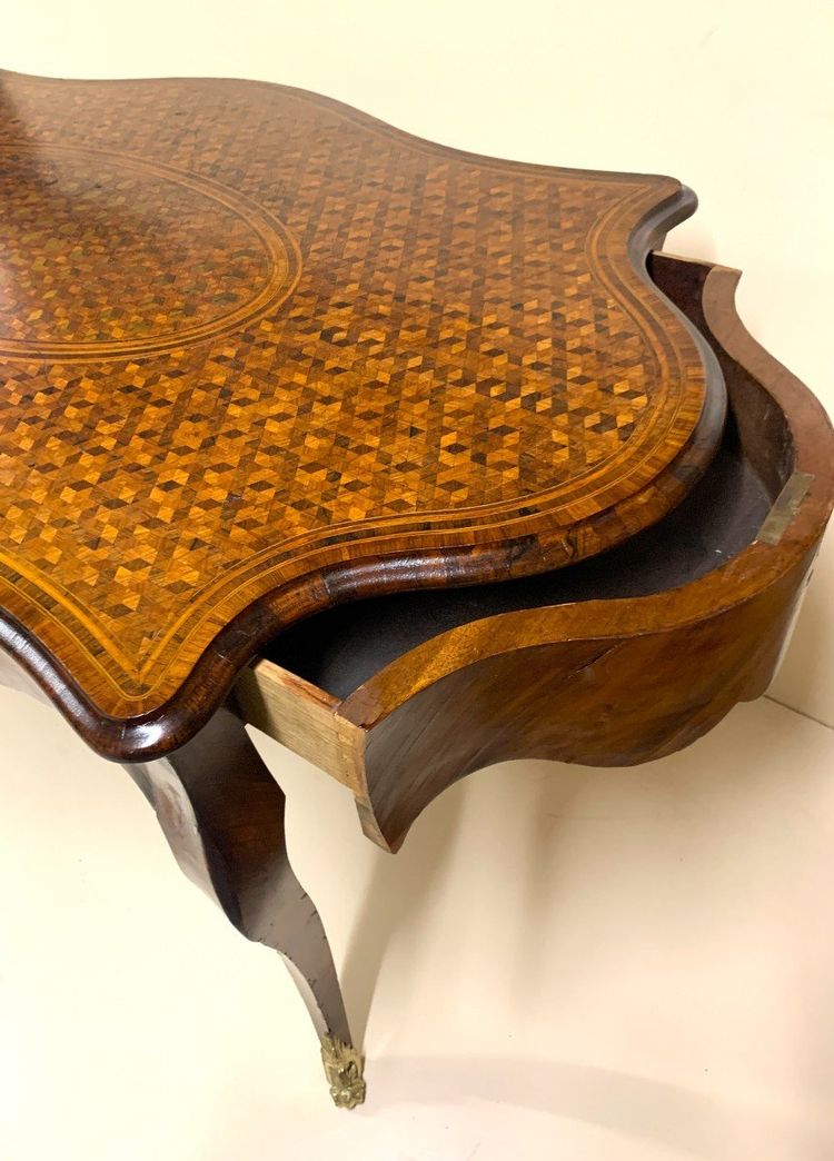 Napoleon III period cube marquetry center table