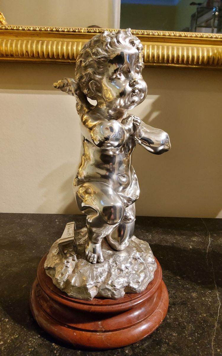 Silver bronze sculpture "Cupid" by Louis Kley, 19th century Marble base