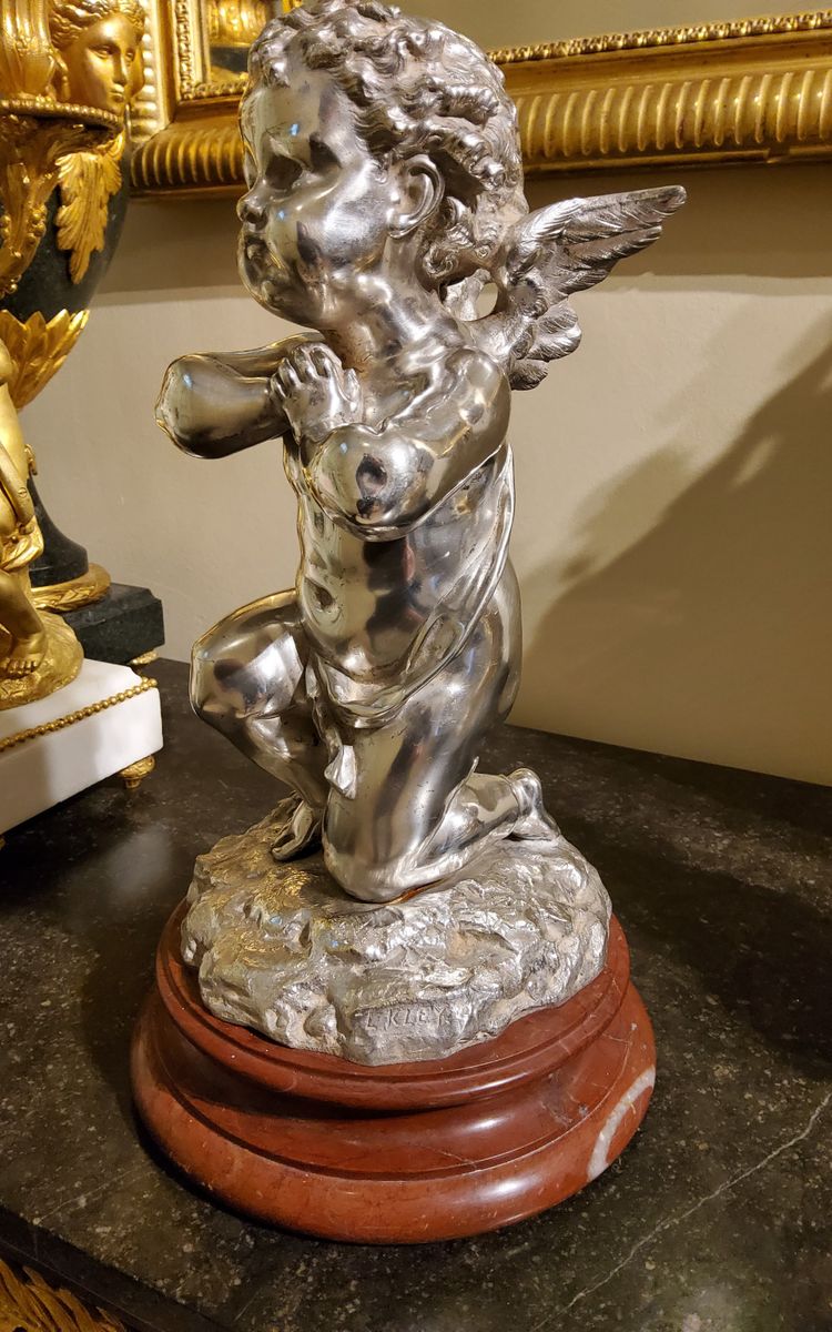 Silver bronze sculpture "Cupid" by Louis Kley, 19th century Marble base