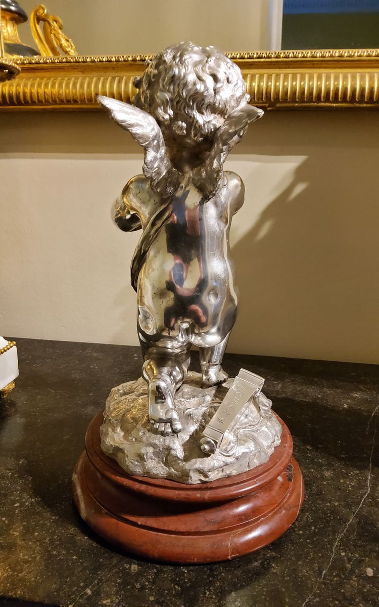 Silver bronze sculpture "Cupid" by Louis Kley, 19th century Marble base