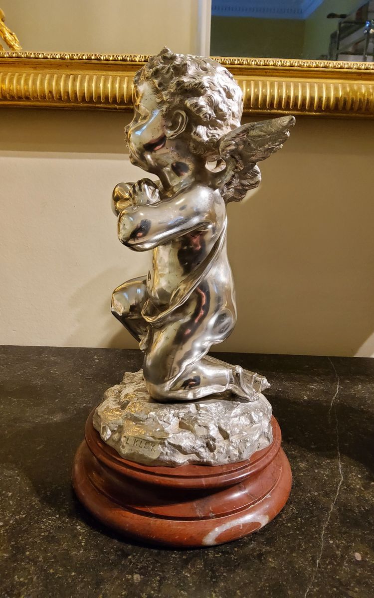 Silver bronze sculpture "Cupid" by Louis Kley, 19th century Marble base