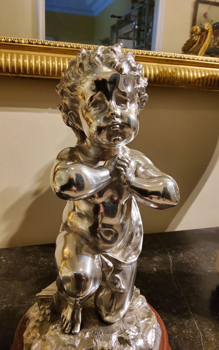 Silver bronze sculpture "Cupid" by Louis Kley, 19th century Marble base