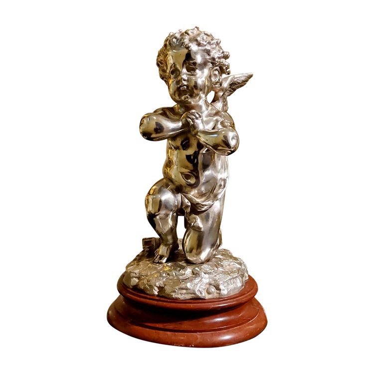 Silver bronze sculpture "Cupid" by Louis Kley, 19th century Marble base