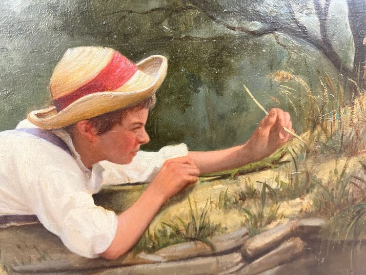 French School painting signed A MORIN genre scene child hunting insects with a lizard