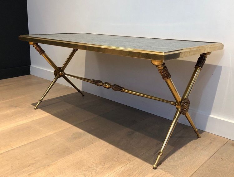 Neoclassical Brass Coffee Table With Marble Top In The Taste Of Raymond Subes