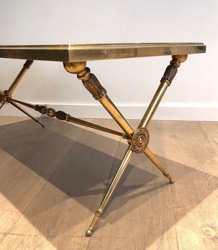 Neoclassical Brass Coffee Table With Marble Top In The Taste Of Raymond Subes