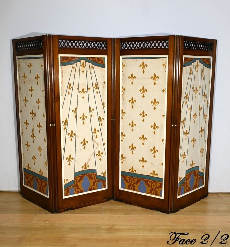 Mahogany 4-leaf folding screen - 1st Part XXth century