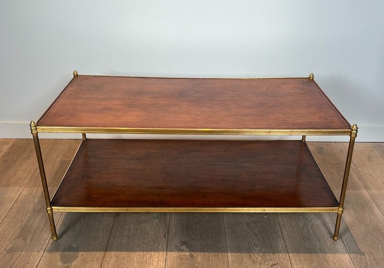 Important Neoclassical Brass Coffee Table with Two Leather Tops.