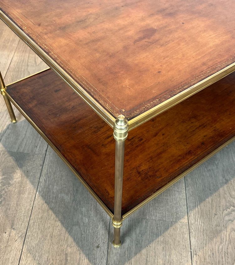 Important Neoclassical Brass Coffee Table with Two Leather Tops.