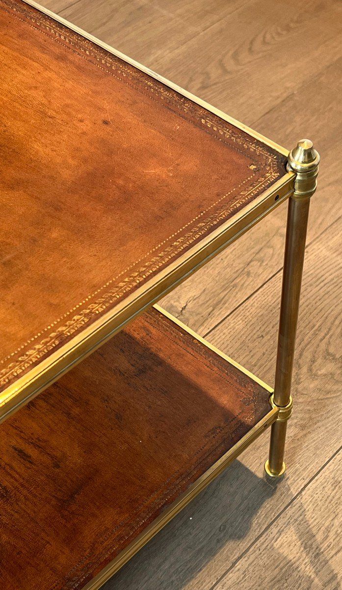 Important Neoclassical Brass Coffee Table with Two Leather Tops.