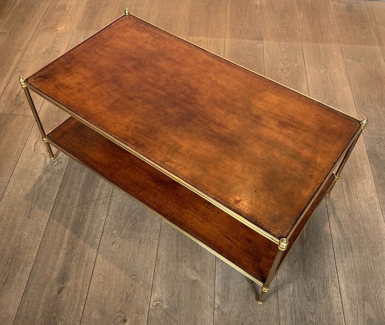 Important Neoclassical Brass Coffee Table with Two Leather Tops.