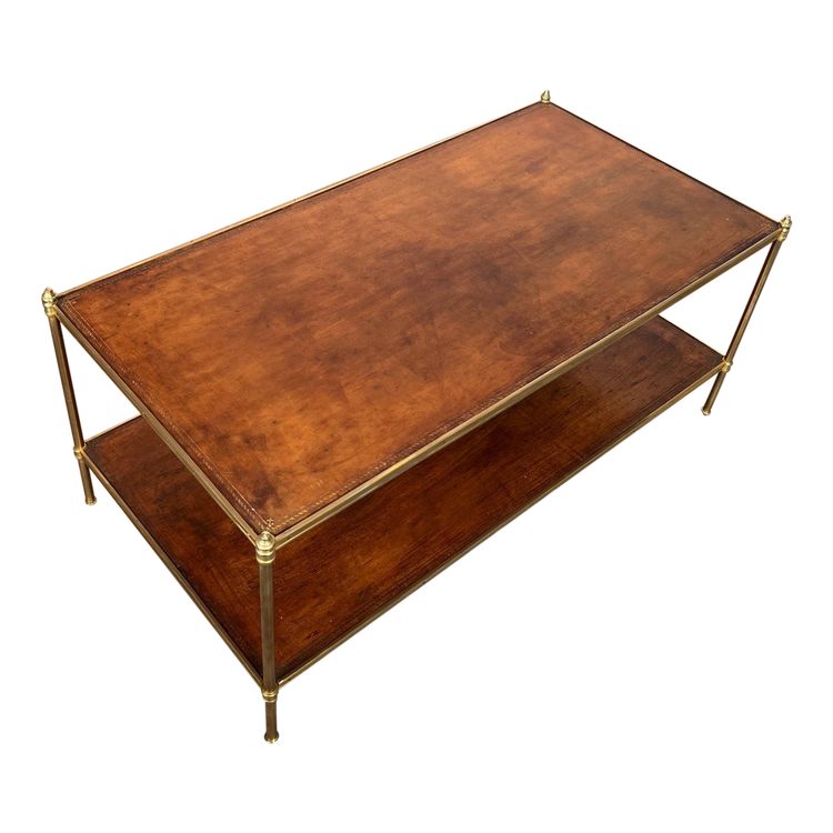 Important Neoclassical Brass Coffee Table with Two Leather Tops.