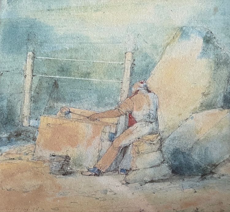 Small watercolor The Stonecutter, 1886 gold leaf.