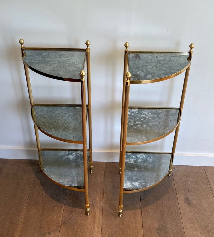 Pair Of Gilded Metal Corner Sofa Ends And Eglomerated Mirror Trays.