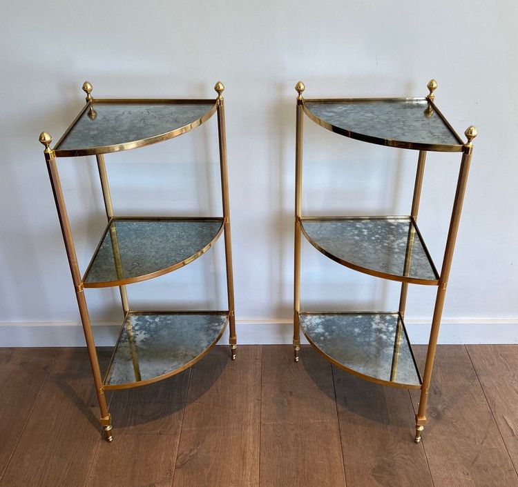 Pair Of Gilded Metal Corner Sofa Ends And Eglomerated Mirror Trays.