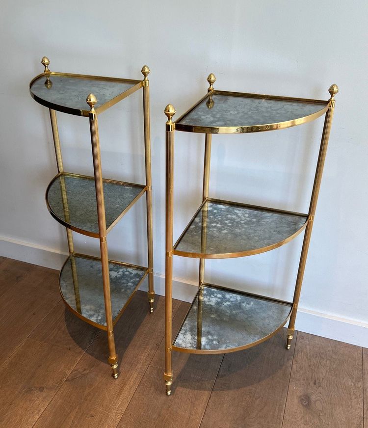 Pair Of Gilded Metal Corner Sofa Ends And Eglomerated Mirror Trays.