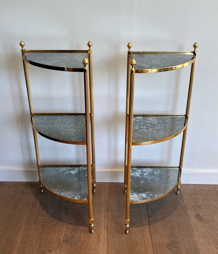 Pair Of Gilded Metal Corner Sofa Ends And Eglomerated Mirror Trays.