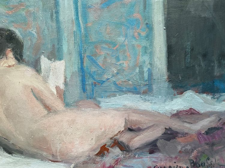 NUDE LYING READING. Oil on canvas , impressionist