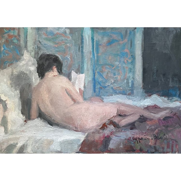 NUDE LYING READING. Oil on canvas , impressionist