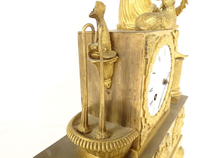 Empire Bronze Gilt Clock Young Woman Shepherdess Fountain Dolphin Flowers 19th century