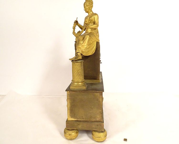 Empire Bronze Gilt Clock Young Woman Shepherdess Fountain Dolphin Flowers 19th century