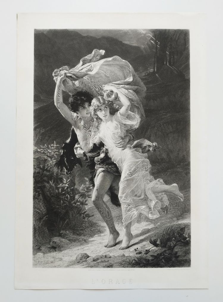 Gravure Mythologique l'Orage Par Amédée Varin d'Après Pierre Auguste Cot Néo-classique XIXème