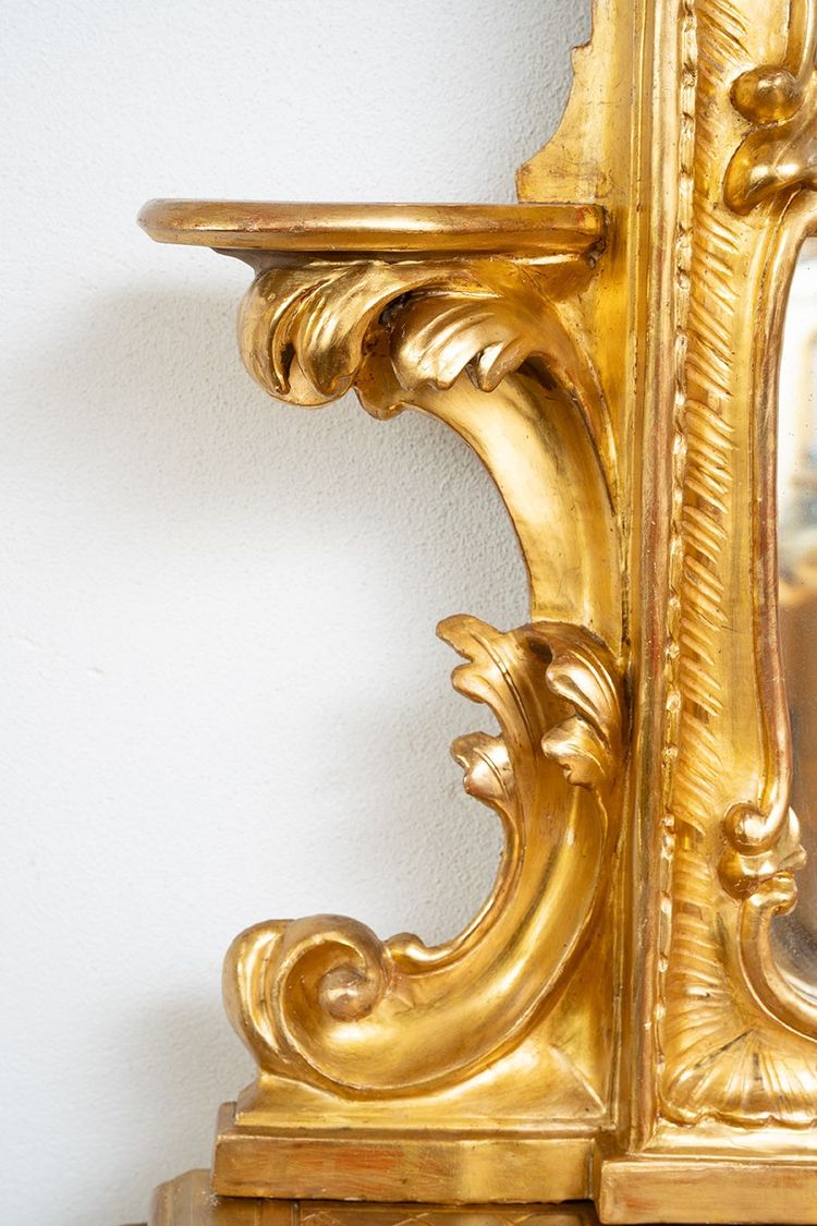 Console + Antique Neapolitan Mirror in Gilded and Carved Wood. 19th Century Period