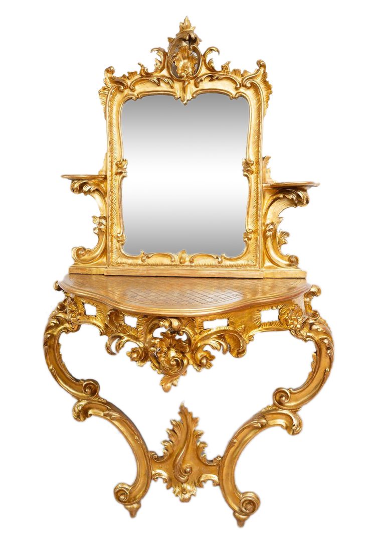 Console + Antique Neapolitan Mirror in Gilded and Carved Wood. 19th Century Period