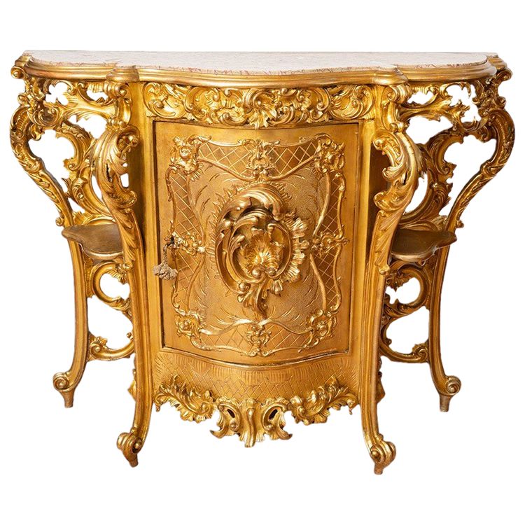 Antique Neapolitan Buffet In Gilded And Carved Wood With Marble Top. 19sec Naples.