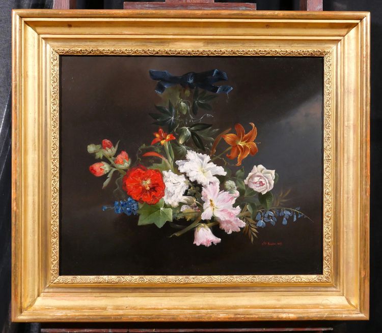 Charles Rivière, Still life of flowers, painting, 1857, Romanticism, garden, Lyon school