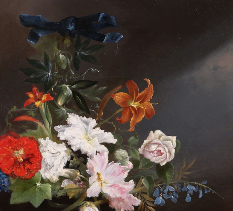 Charles Rivière, Still life of flowers, painting, 1857, Romanticism, garden, Lyon school