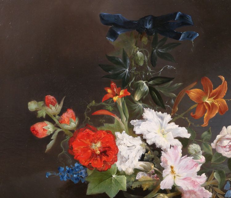 Charles Rivière, Still life of flowers, painting, 1857, Romanticism, garden, Lyon school