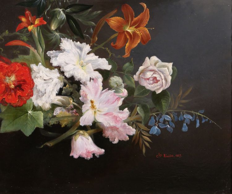 Charles Rivière, Still life of flowers, painting, 1857, Romanticism, garden, Lyon school