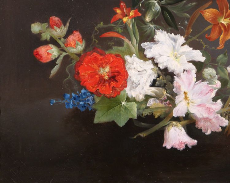 Charles Rivière, Still life of flowers, painting, 1857, Romanticism, garden, Lyon school