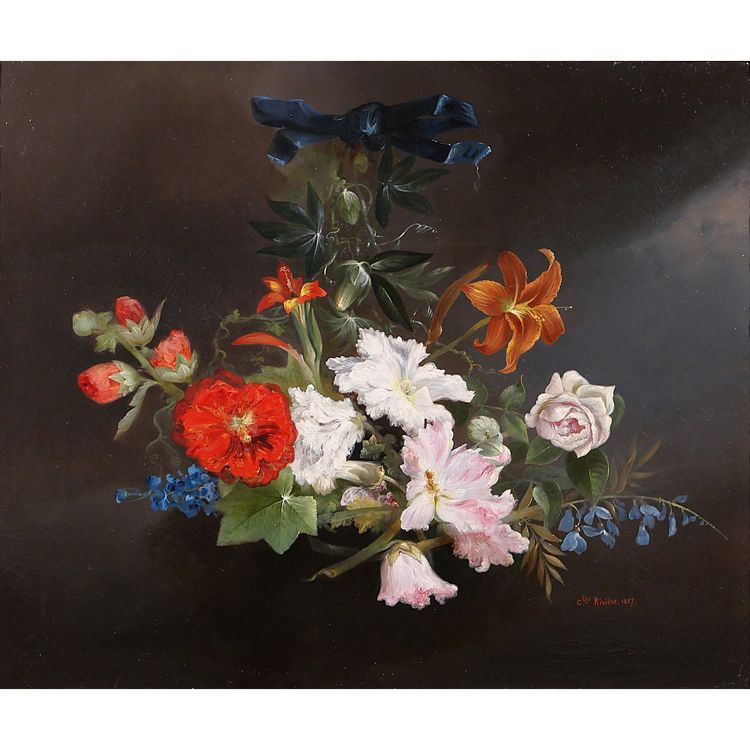 Charles Rivière, Still life of flowers, painting, 1857, Romanticism, garden, Lyon school