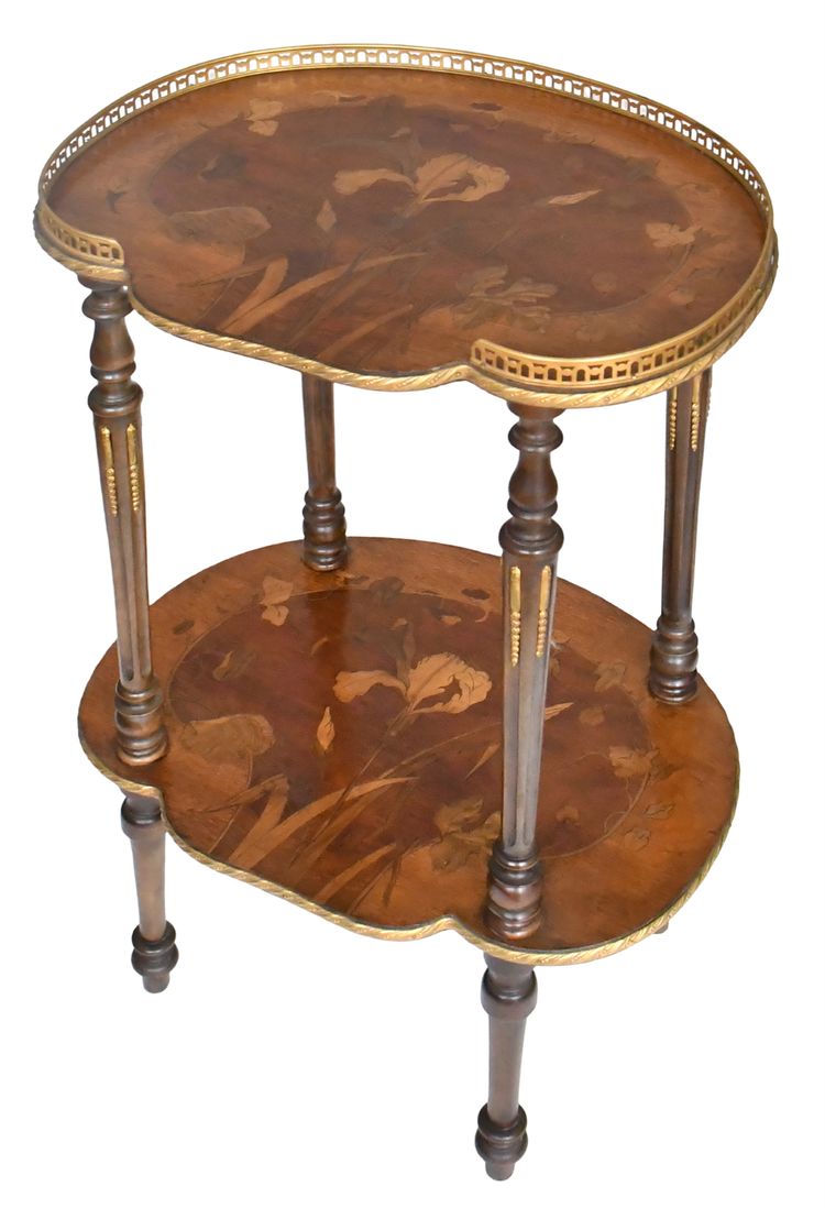 Napoleon III style side table with two trays in various wood marquetry with floral decoration