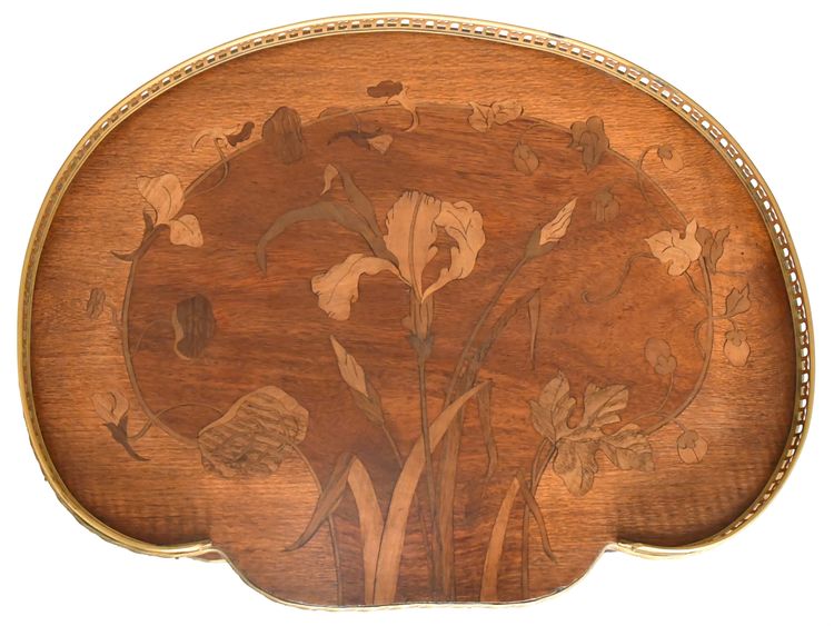 Napoleon III style side table with two trays in various wood marquetry with floral decoration