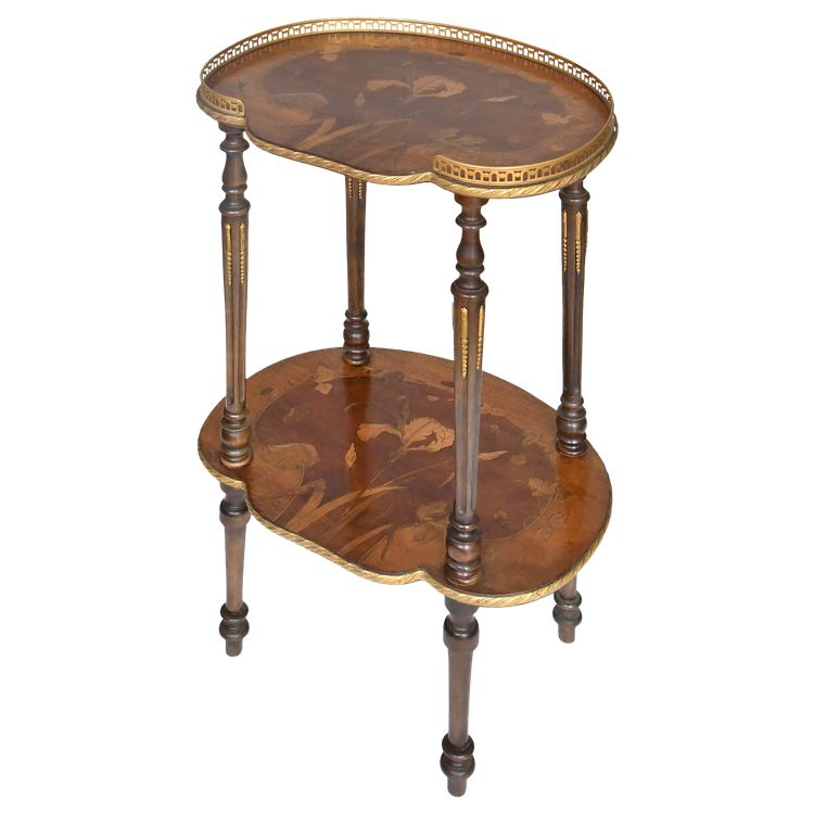 Napoleon III style side table with two trays in various wood marquetry with floral decoration