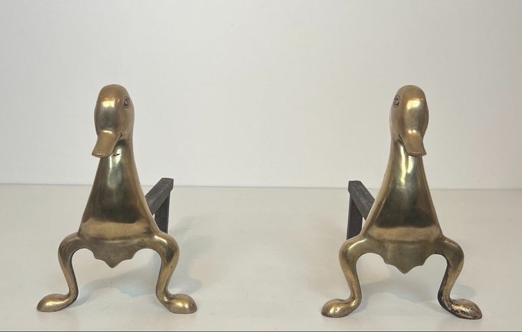 Pair De Chenets Representing Stylised Brass Ducks In The Lalanne Style