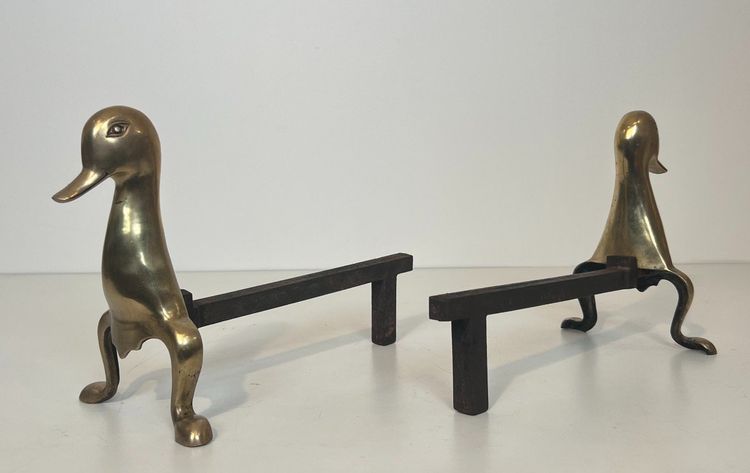 Pair De Chenets Representing Stylised Brass Ducks In The Lalanne Style